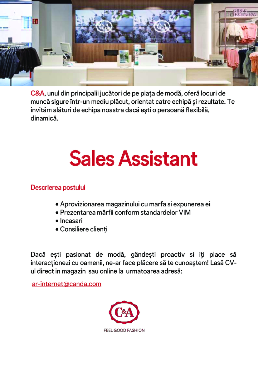 Sales Asisstant Targu Jiu, Timisoara, Cluj, Oradea