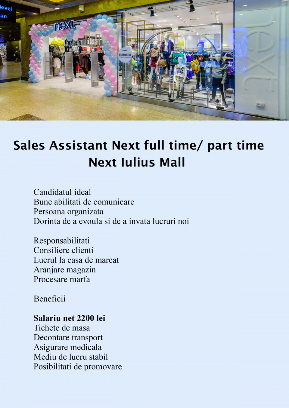 Sales Assistant NEXT Iulius Mall full/part time