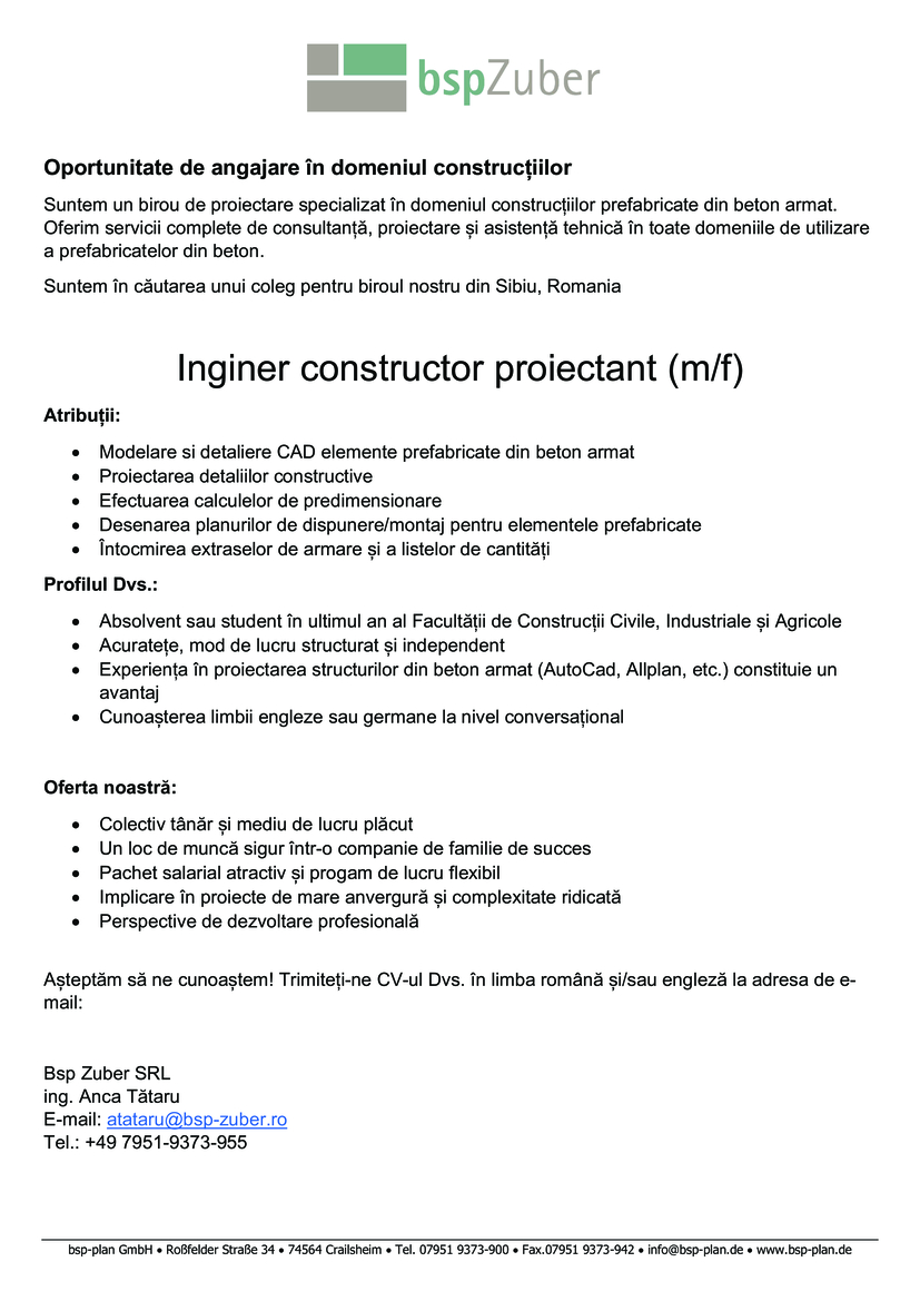 Inginer constructor proiectant (m/f) - Sibiu