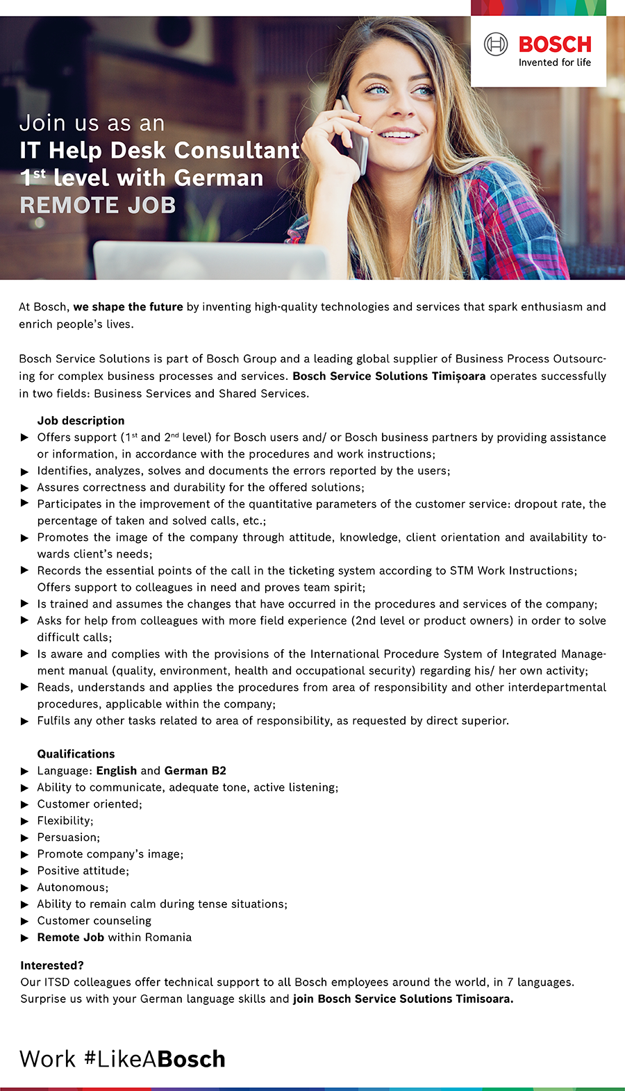 IT Help Desk Consultant 1st level German Remote Job