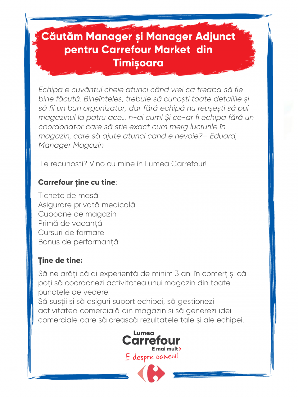 Căutăm Manager și Manager Adjunct Carrefour Market Timișoara
