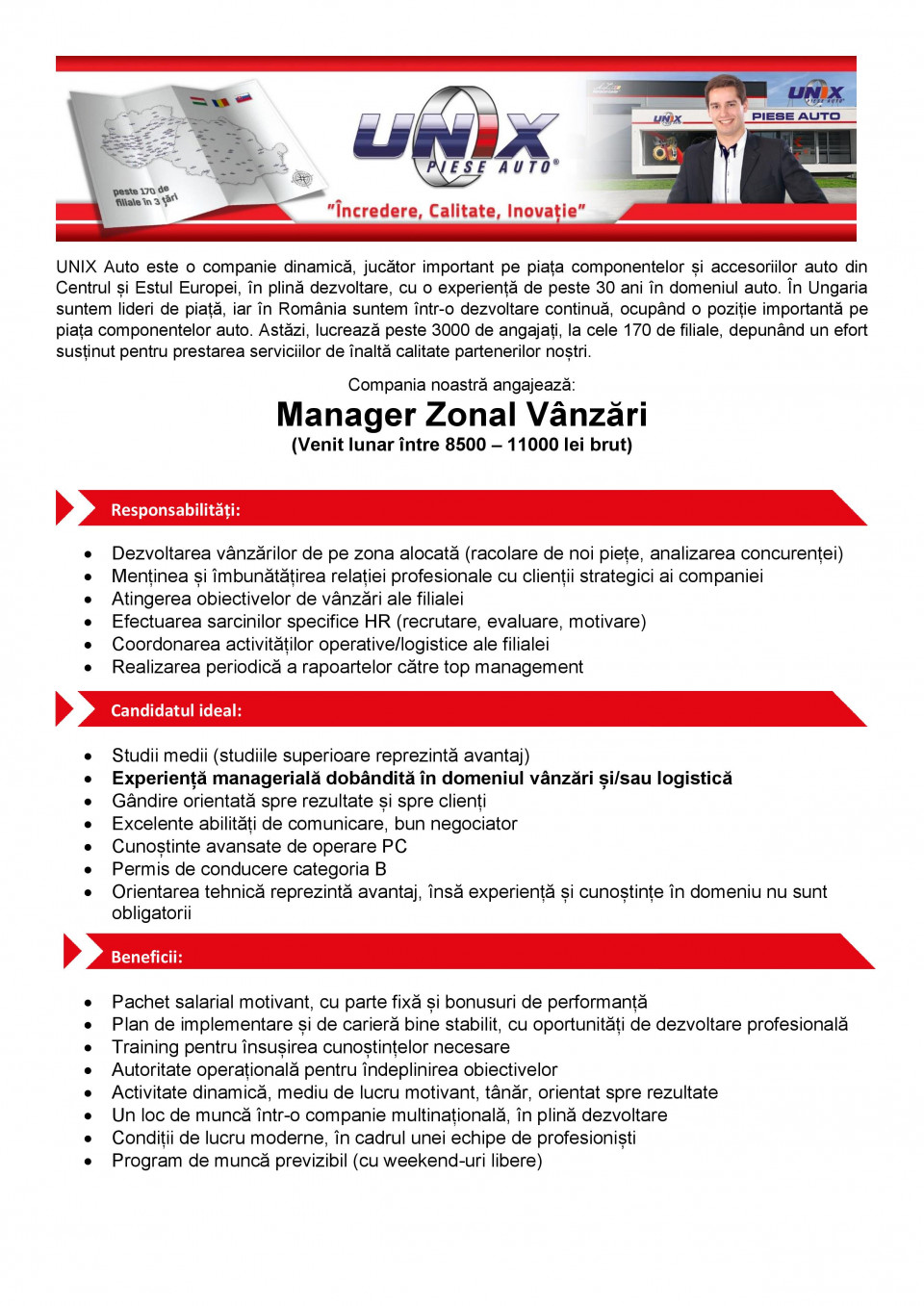 Manager Zonal Vanzari (venit lunar 8500 – 11000 Ron brut)