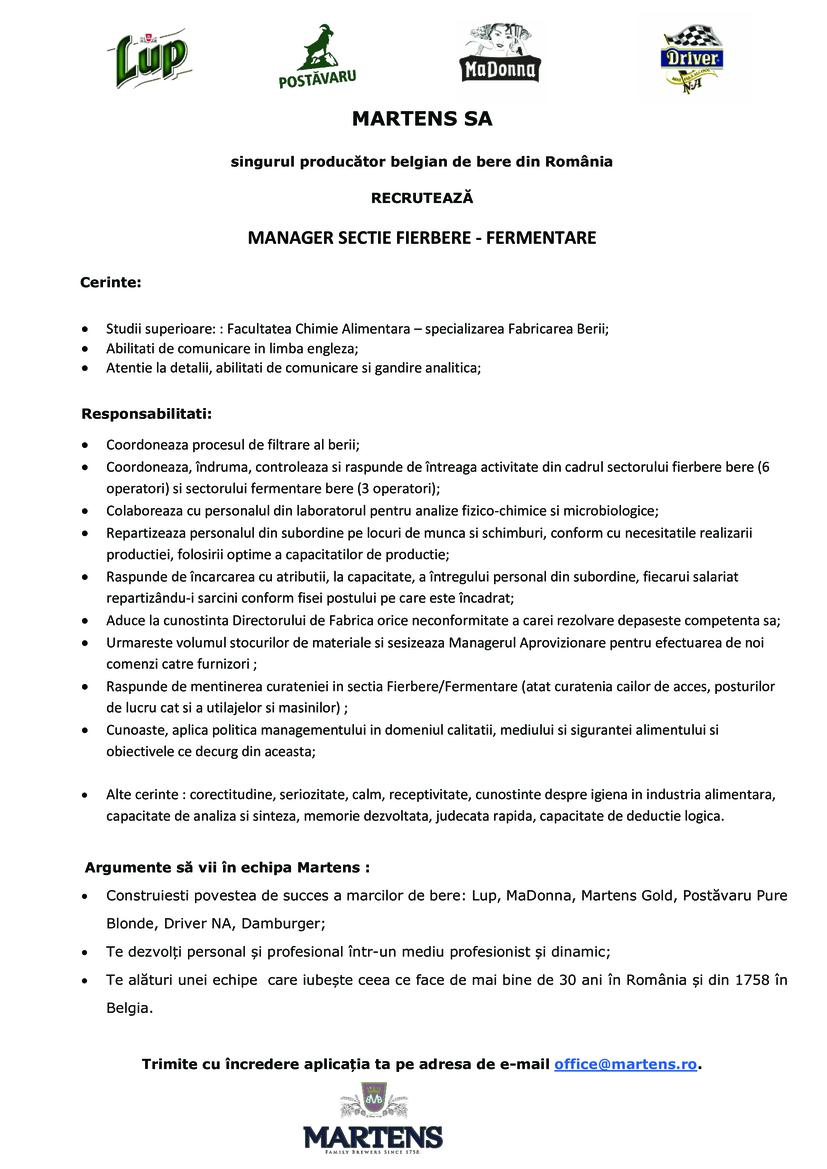 MANAGER SECTIE FIERBERE - FERMENTARE