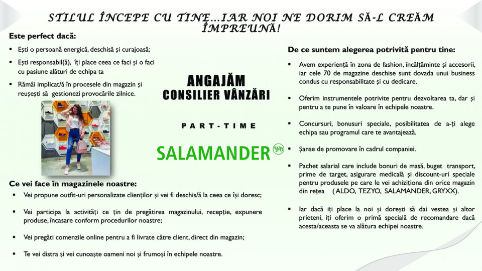 Consilier vanzari - SALAMANDER ORHIDEEA - PART TIME 6H