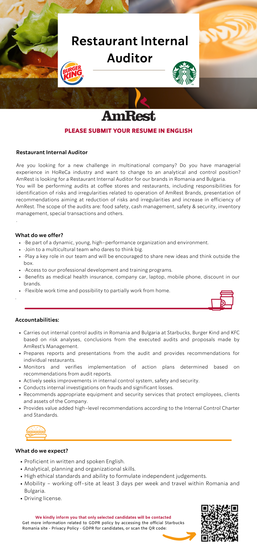 Restaurant Internal Auditor - Starbucks & Burger King