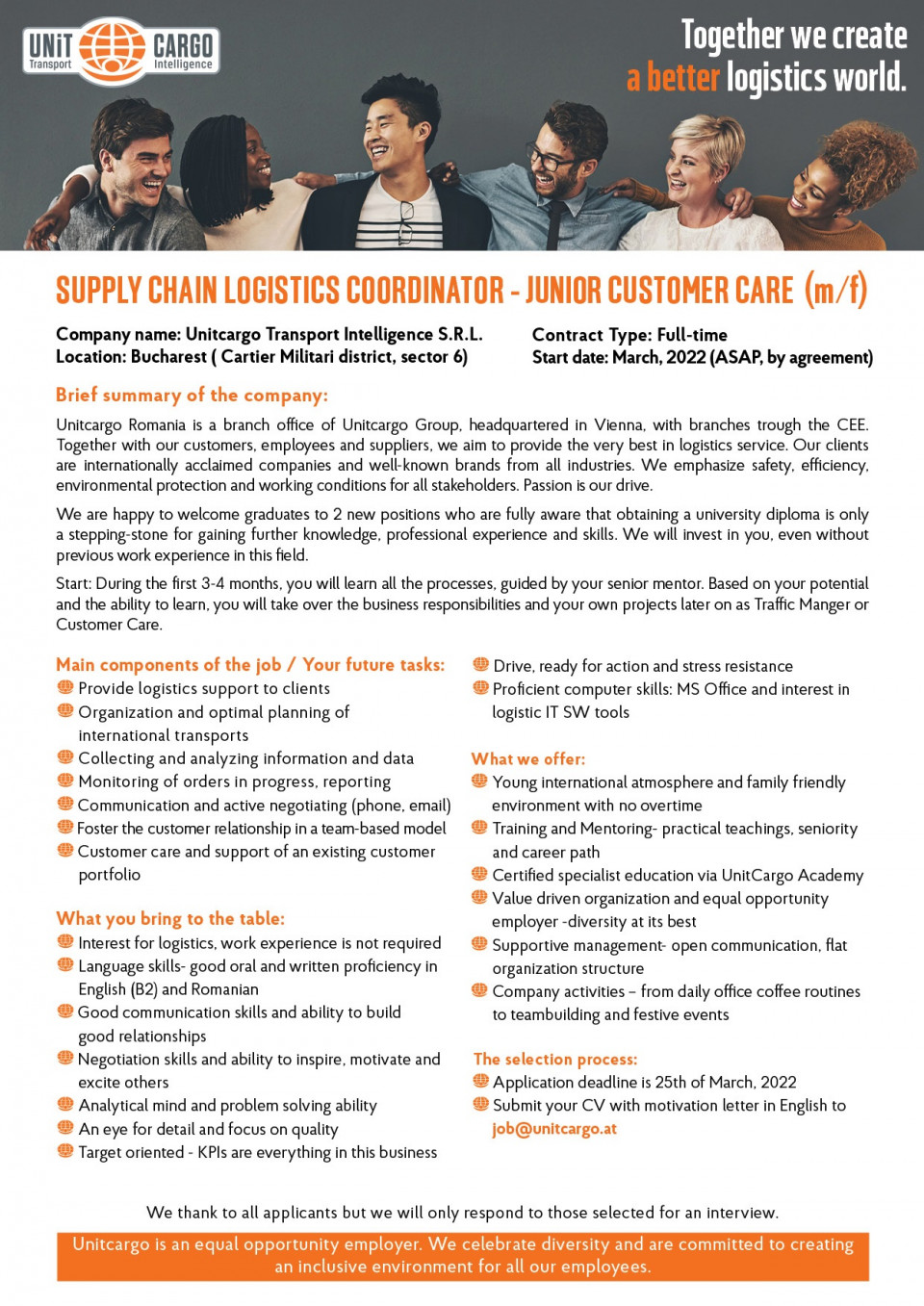 Supply chain logistics coordinator (Junior Customer Care)