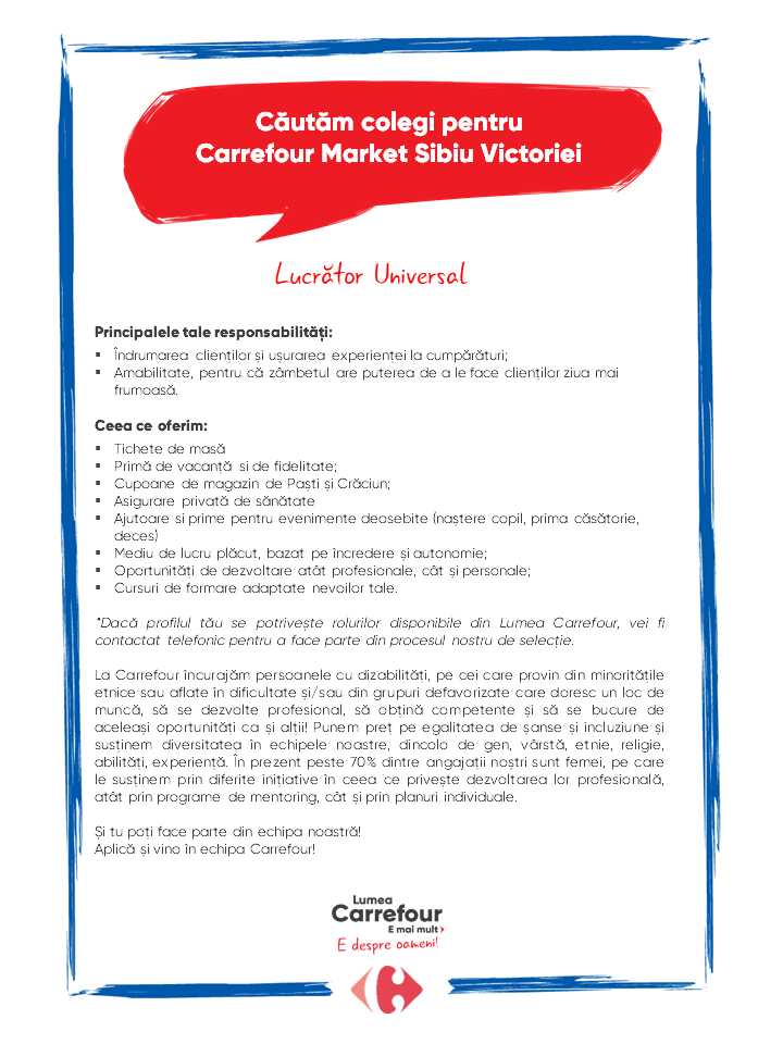 Cautam colegi pentru Carrefour Market Sibiu