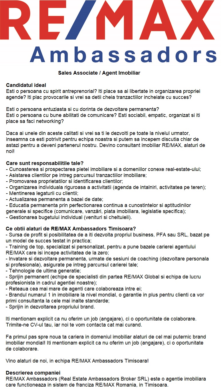 Sales Associate / Agent Imobiliar