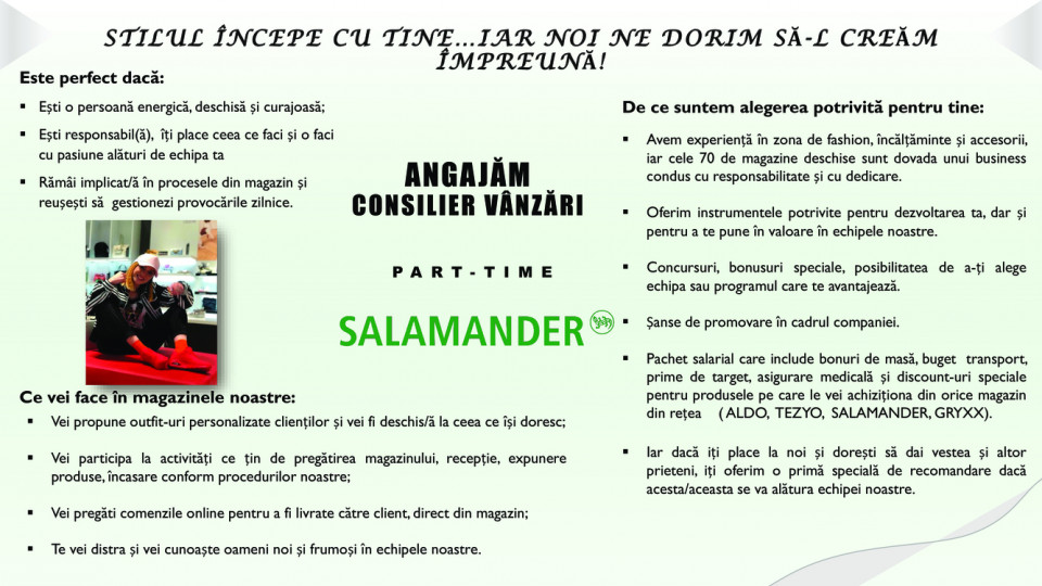 Consilier vanzari SALAMANDER Craiova - PART TIME 6h