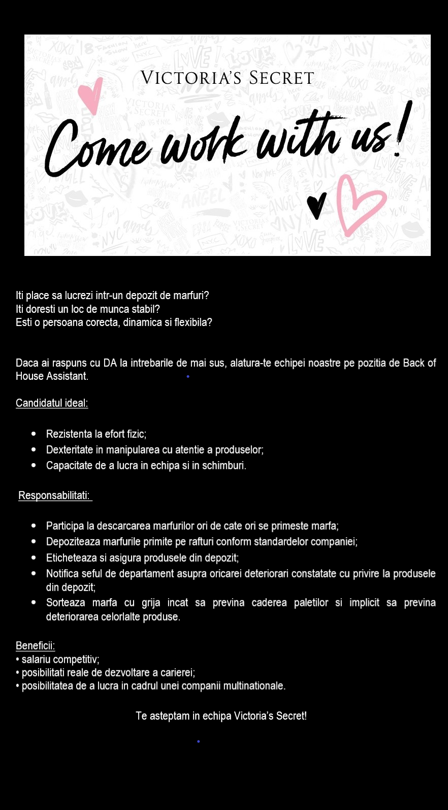 Lucrator Depozit - Victoria's Secret - Baneasa Shopping City