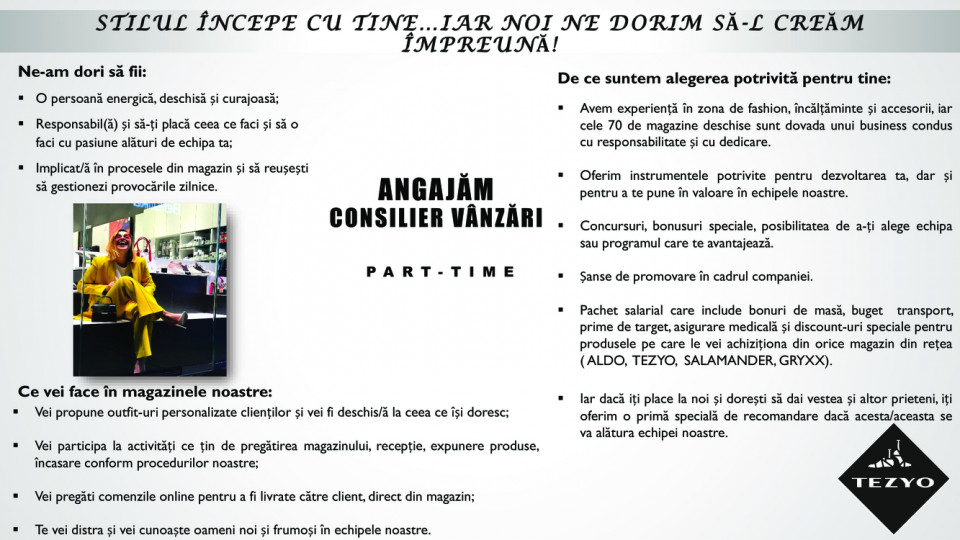 Consilier vanzari TEZYO Baneasa - Part Time 6h