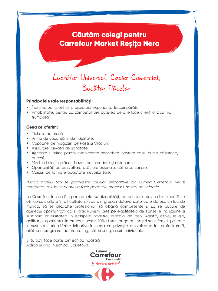 Cautam colegi pentru Carrefour Market Resita Nera