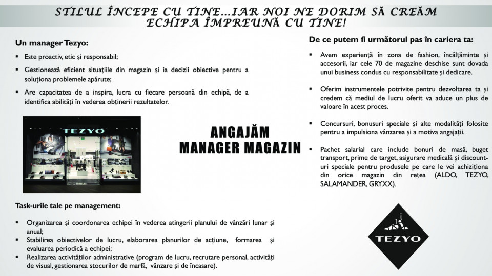 Manager magazin TEZYO PROMENADA - Venit net: 3600-3800 RON