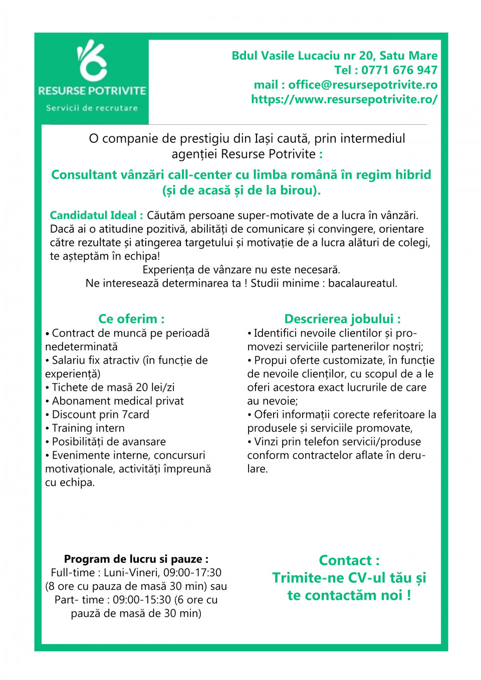 Consultant vanzari call center cu limba romana