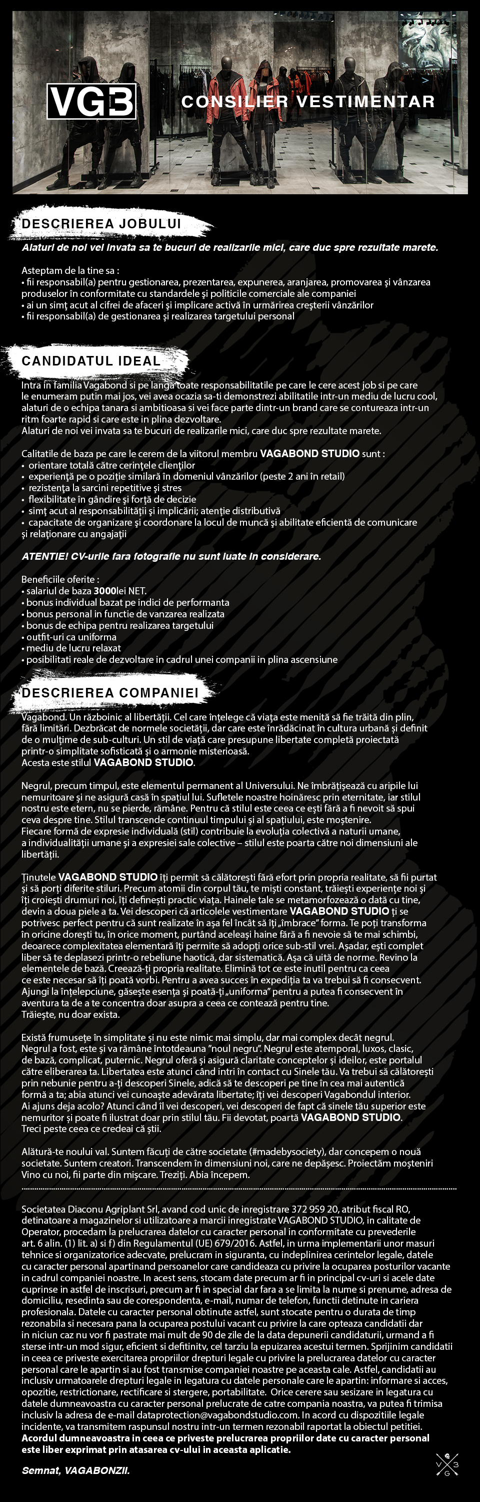 Asistent vanzari / consilier vestimentar / VAGABOND STUDIO
