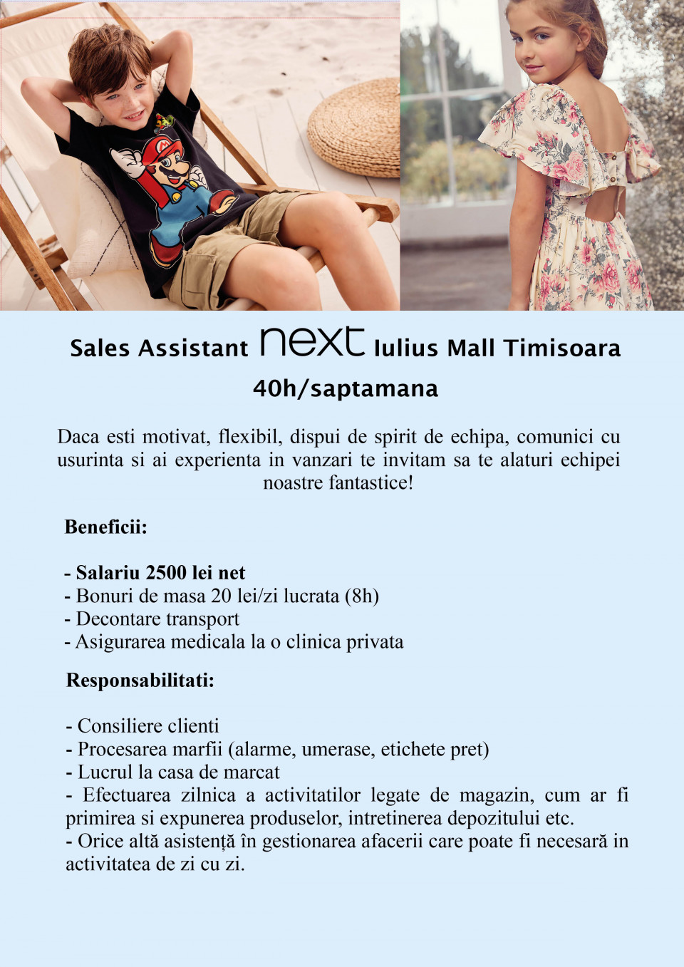 Sales Assistant Next Iulius Mall (full time/part time)