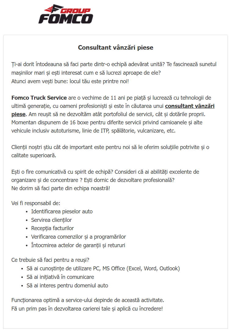 Consultant vânzări piese
