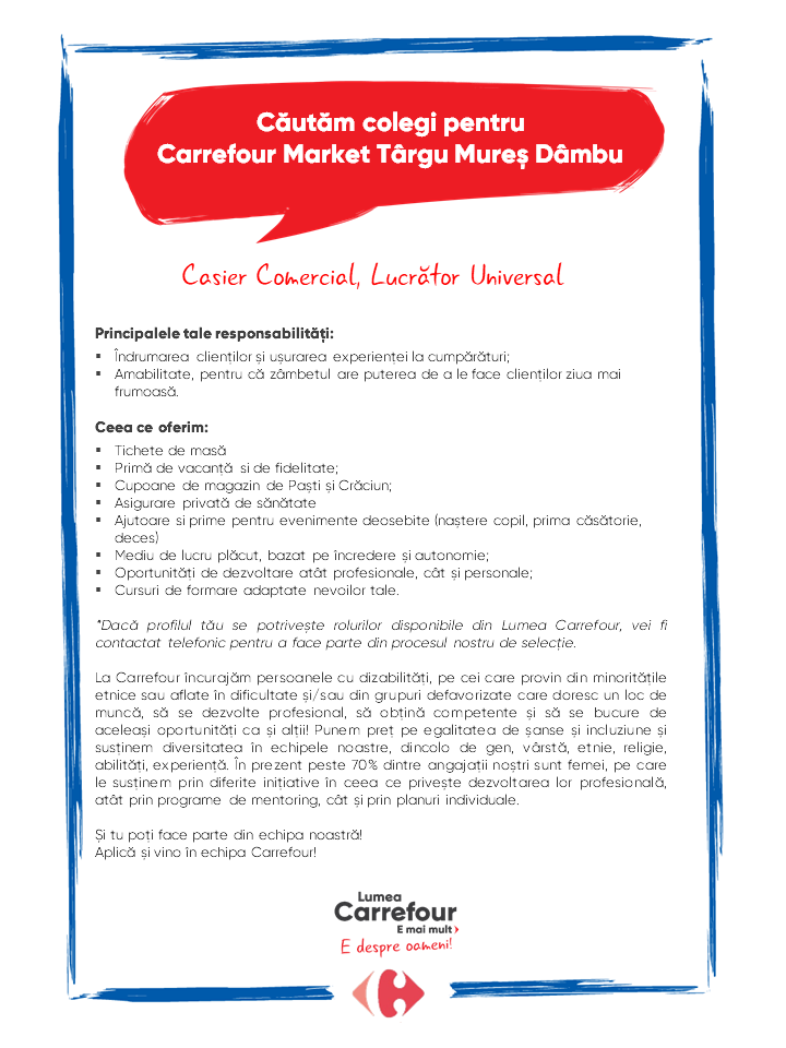 Cautam colegi noi pentru Carrefour Market Targu Mures