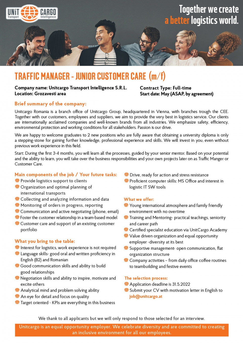 Coordonator Transport / Customer Care Junior