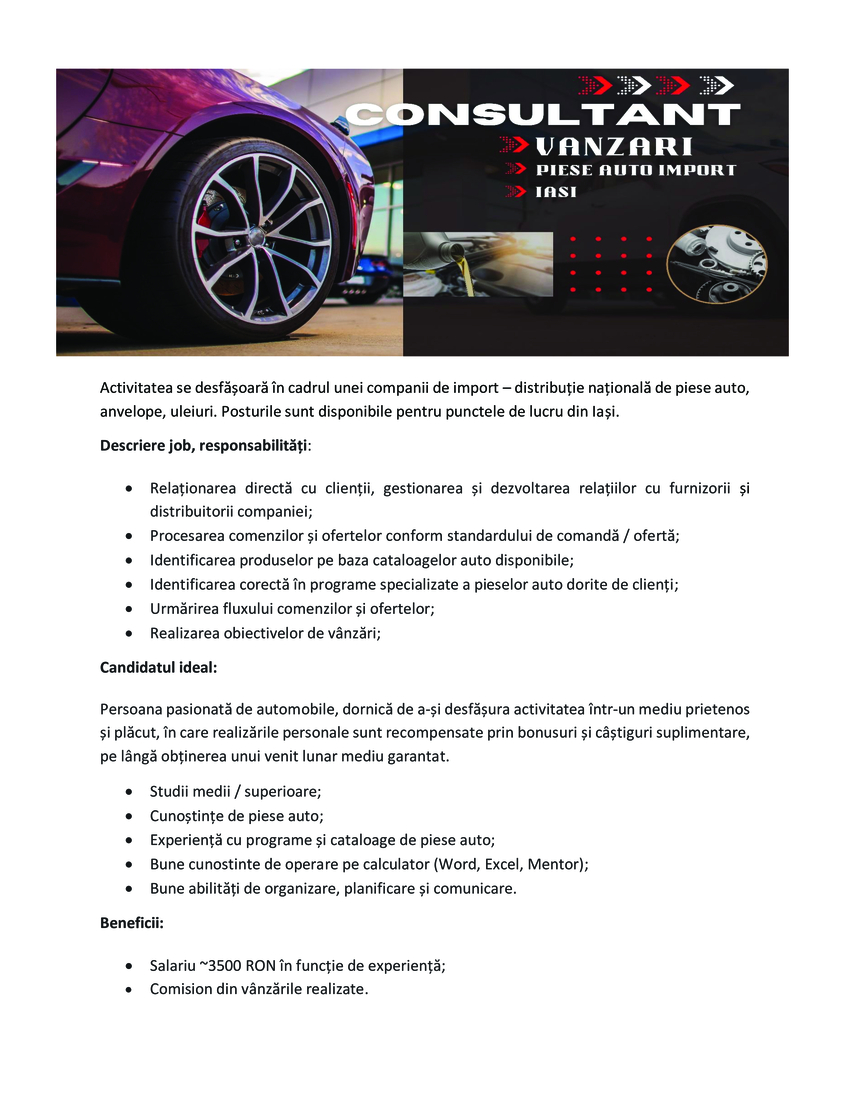 Consultant Vanzari / Consilier Vanzari Piese Auto Import