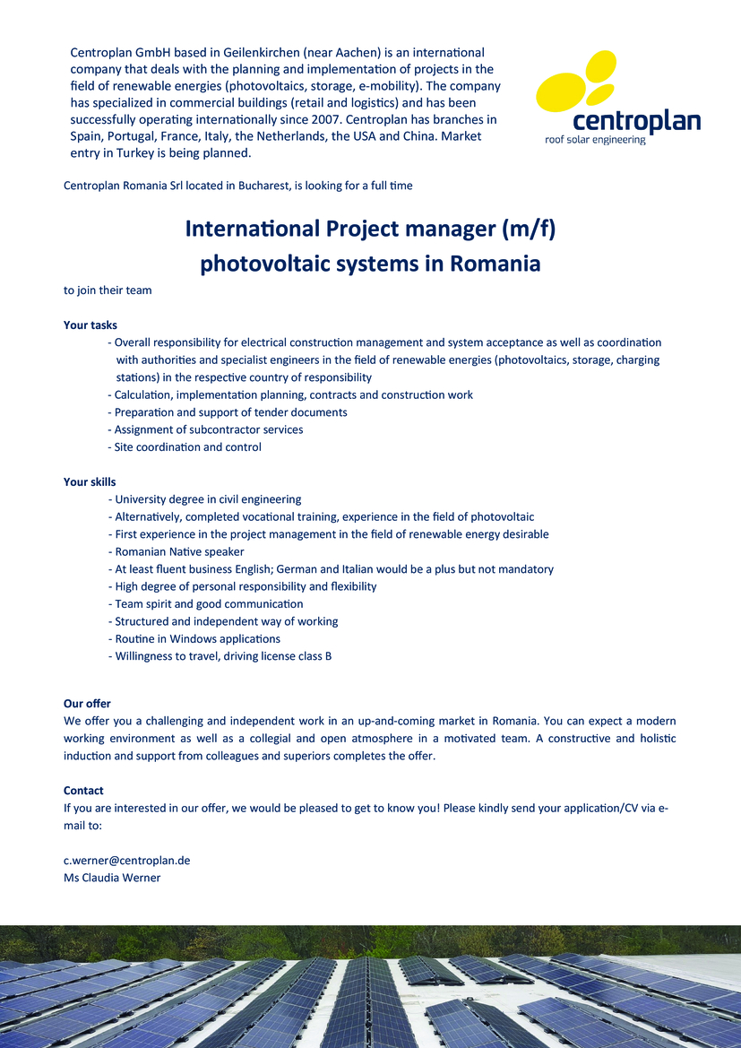 International Project manager (m/f) photovoltaic systems in Romania