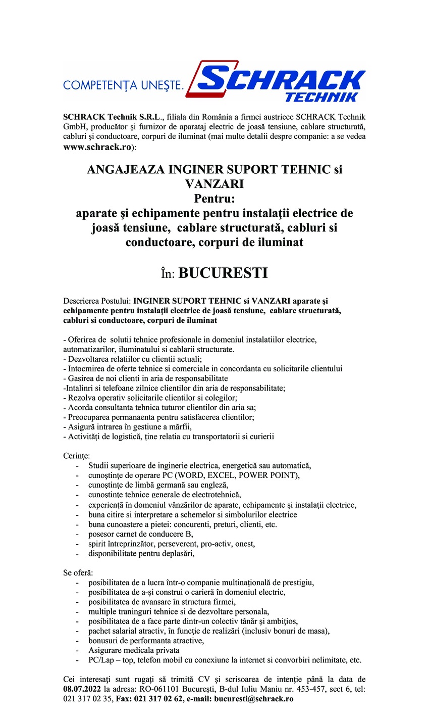 INGINER SUPORT TEHNIC si VANZARI