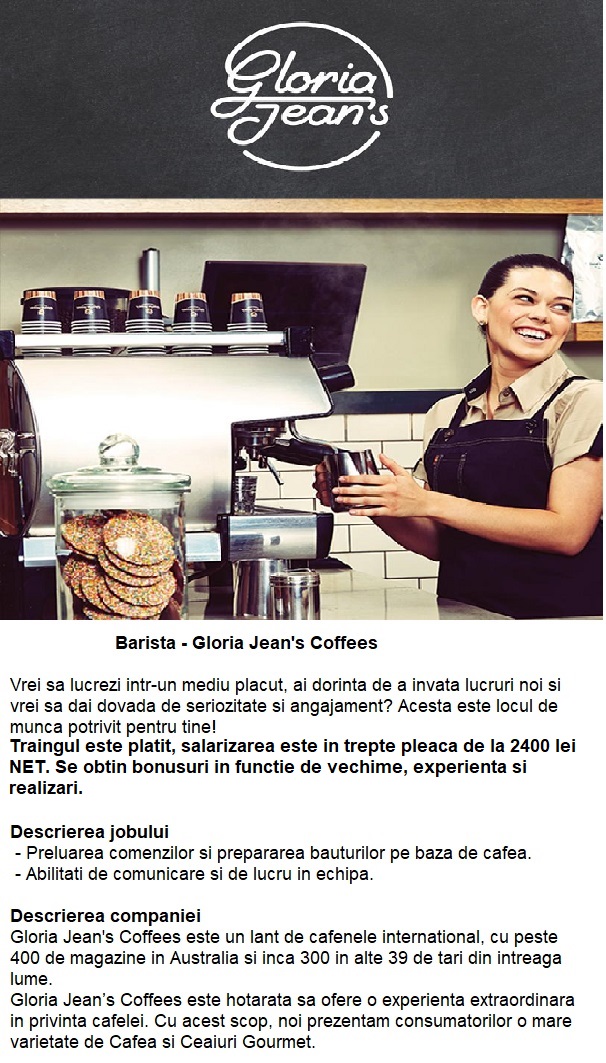 Barista Cafenea Gloria Jean's Coffees