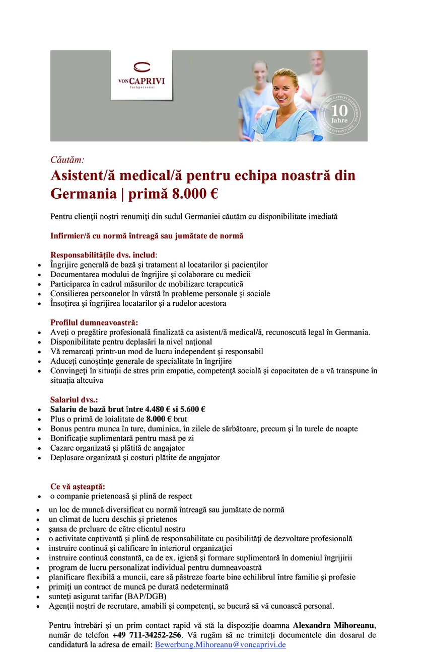 Asistent medical pentru echipa noastra din Germania (m/f)