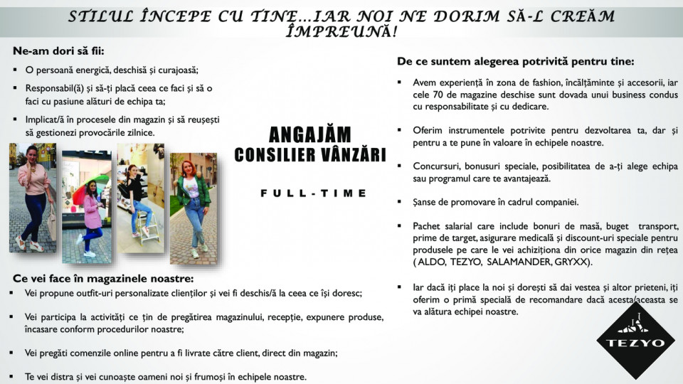 Consilier vanzari TEZYO Ploiesti Shopping City - FULL TIME