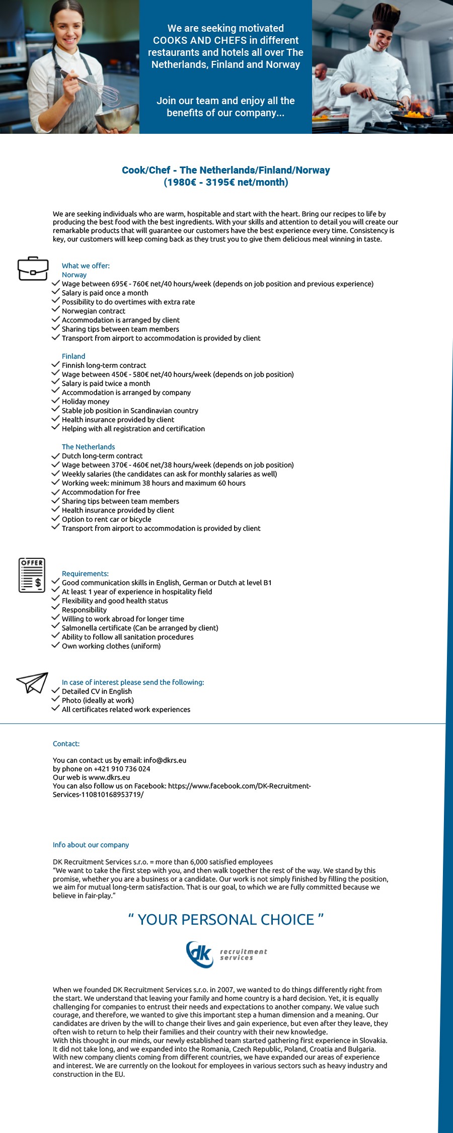 Cook / Chef - The Netherlands/Finland/Norway