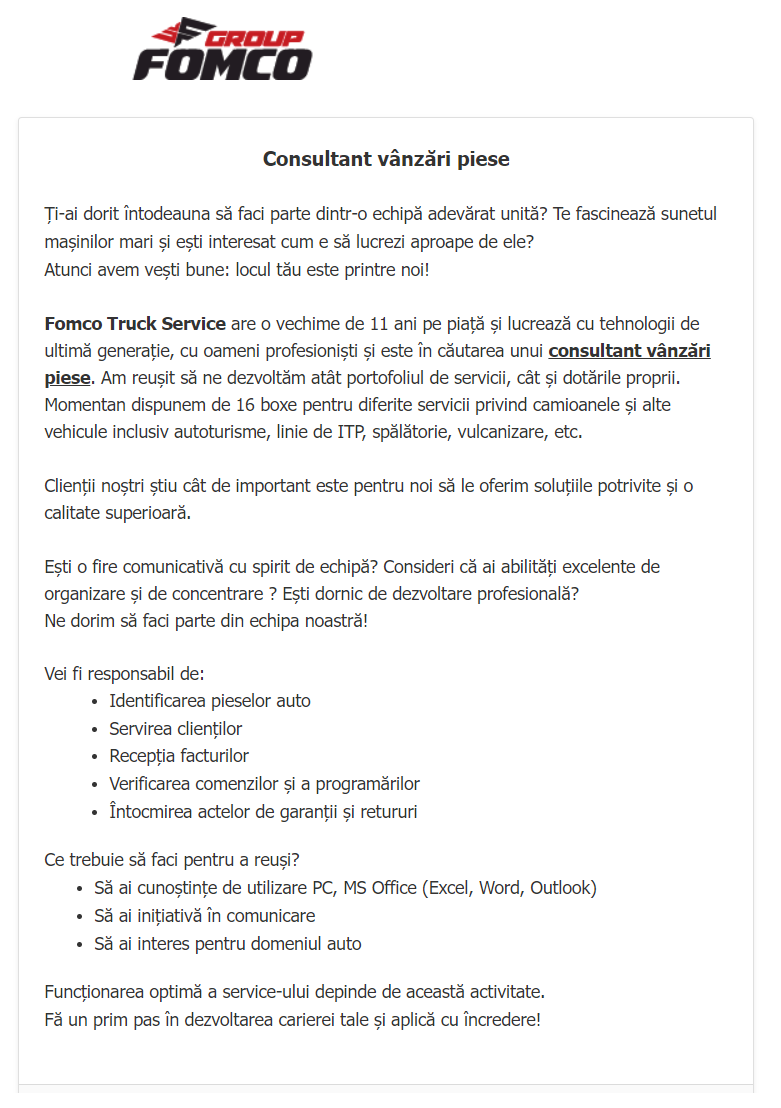 Consultant vanzari piese auto