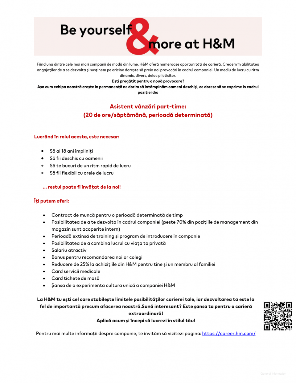 Magazinele H&M: Asistent Vanzari part-time