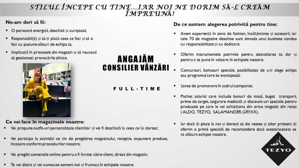 Consilier vanzari TEZYO Valcea FULL TIME