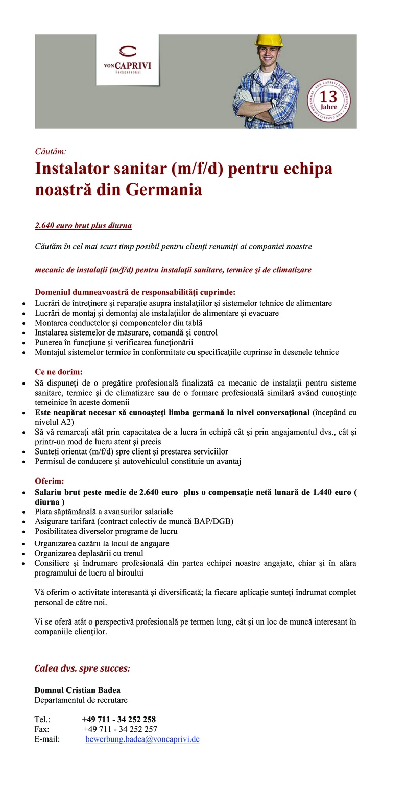 INSTALATOR SANITAR (m/f/d)