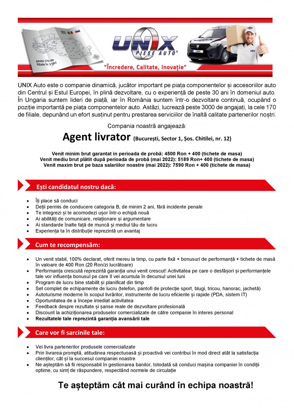 Agent livrator – Bucuresti, Sector 1 (Venit 4500 – 7590 Ron)