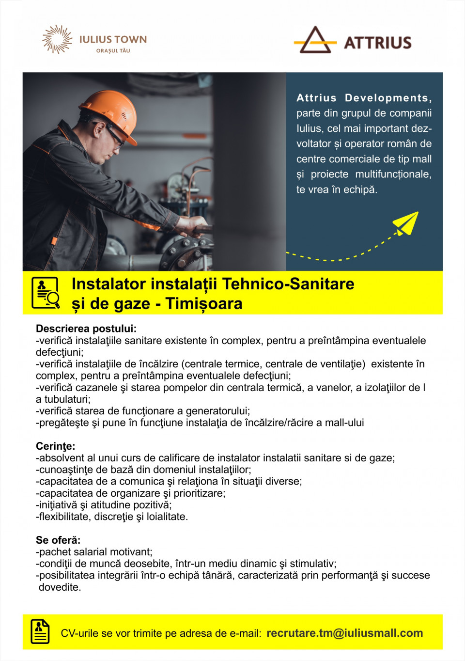 Instalator instalatii tehnico-Sanitare- Iuius Town Timisoara