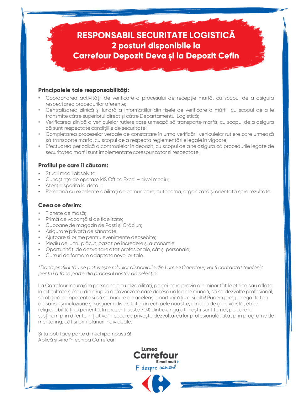 Responsabil Securitate Logistica la Carrefour Depozit Cefin si Depozit Deva