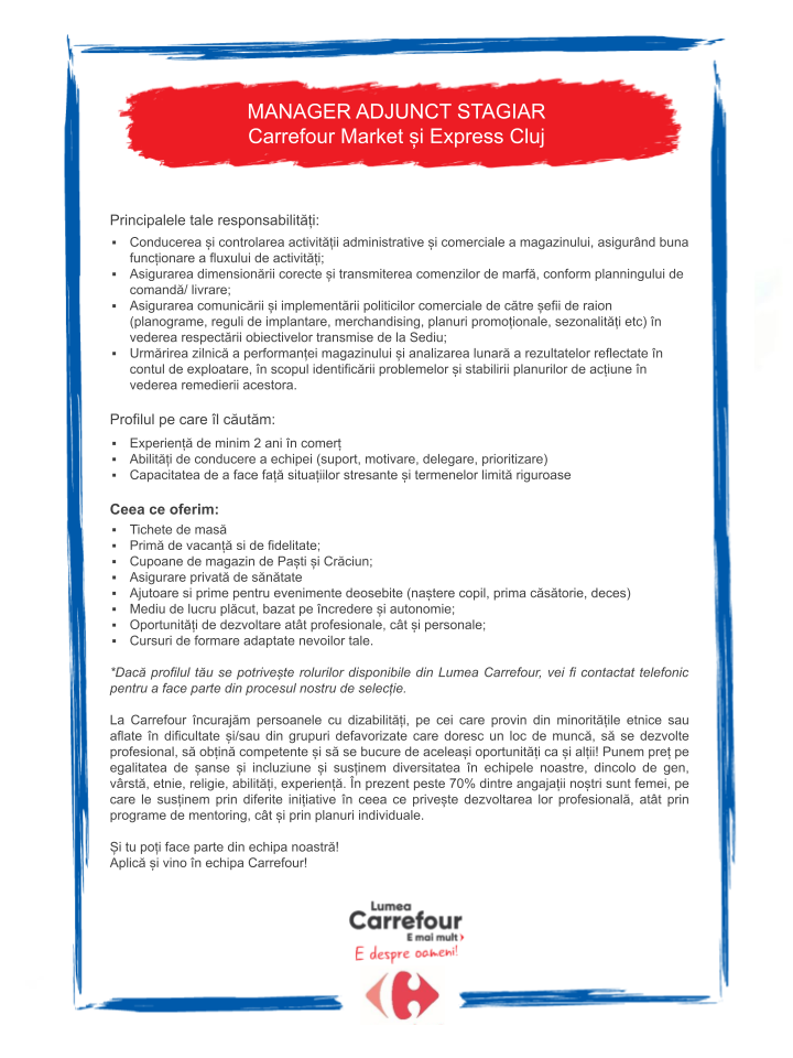 Manager Adjunct Stagiar la Carrefour Market și Express Cluj