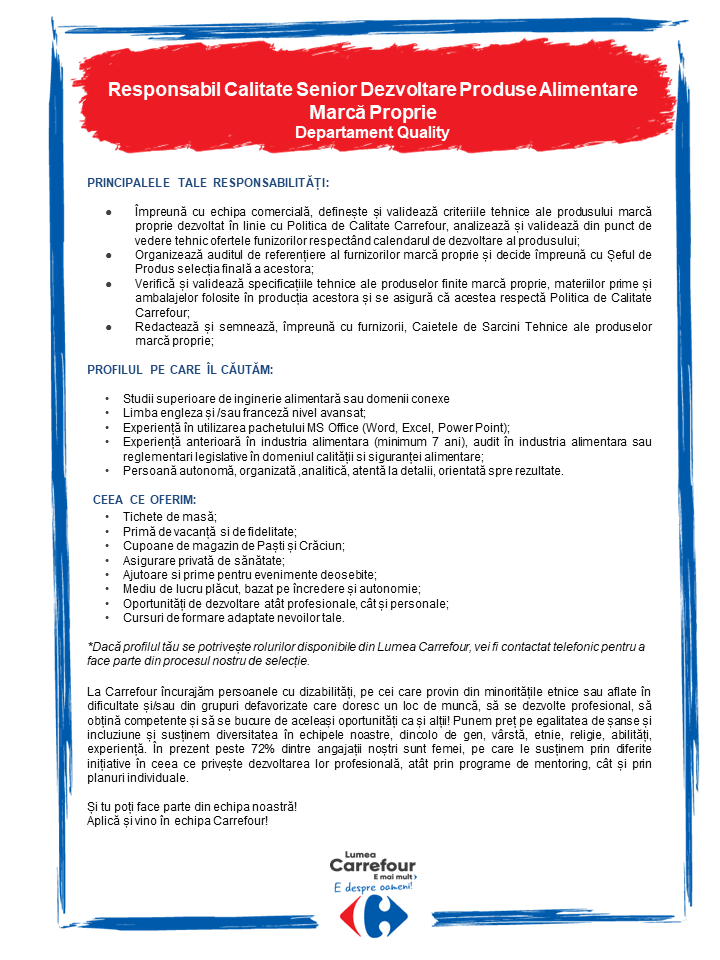 Responsabil Calitate Senior Dezvoltare Produse Alimentare Marcă Proprie