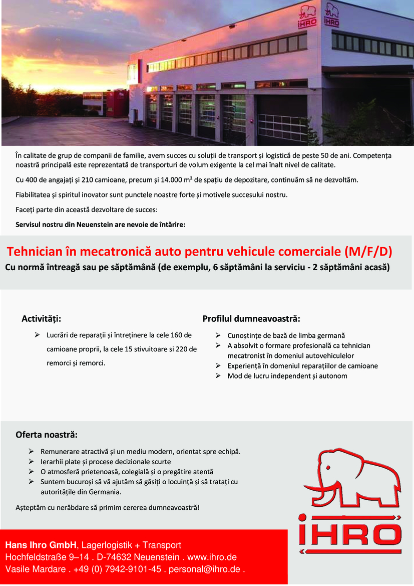 Tehnician in mecatronica auto pentru vehicule comerciale (M/F/D)