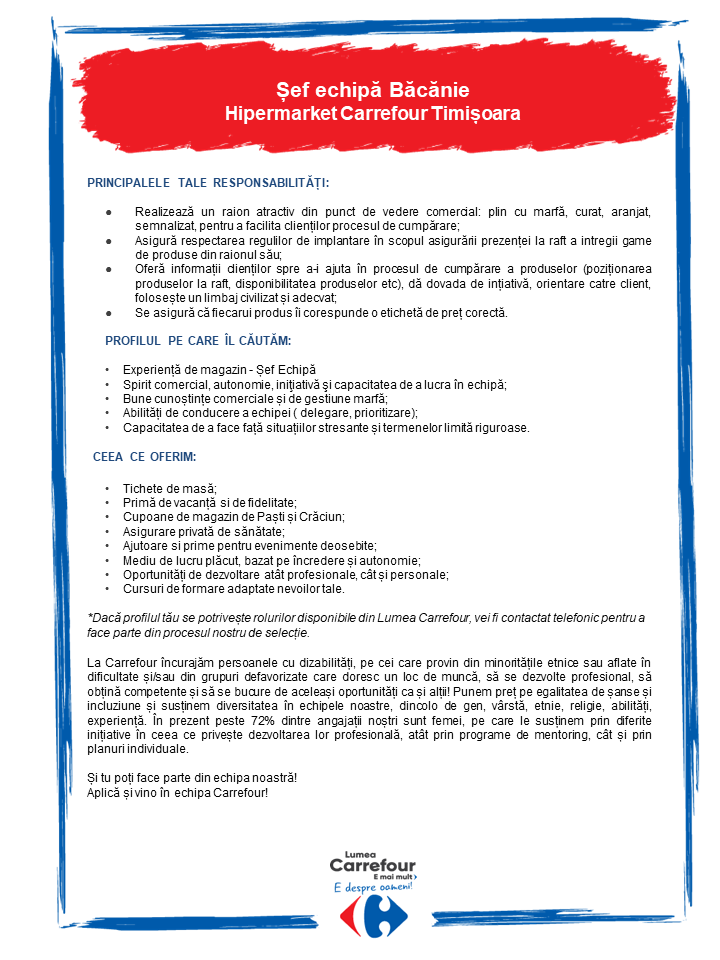 Sef echipa Bacanie Hipermarket Carrefour Timisoara