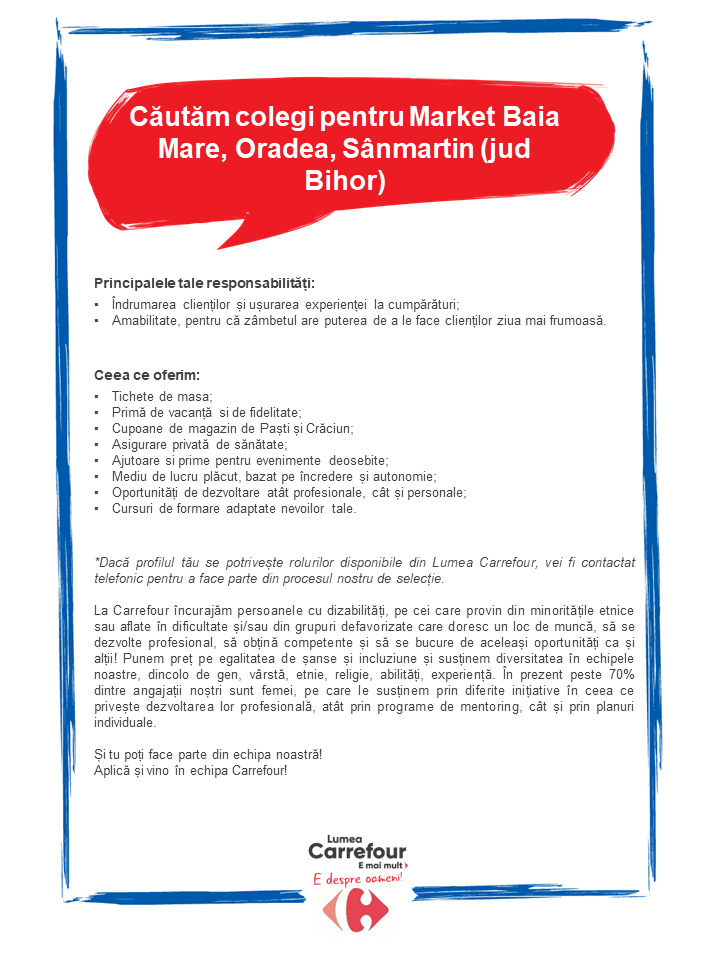Cautam colegi pentru Market Baia Mare, Oradea, Sanmartin