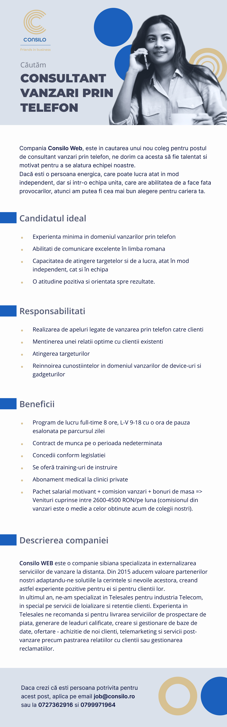 Consultant vanzari prin telefon - Sibiu