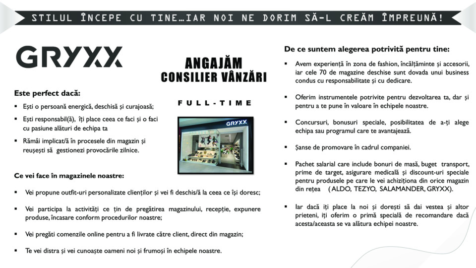 Consilier vanzari GRYXX Veranda Mall