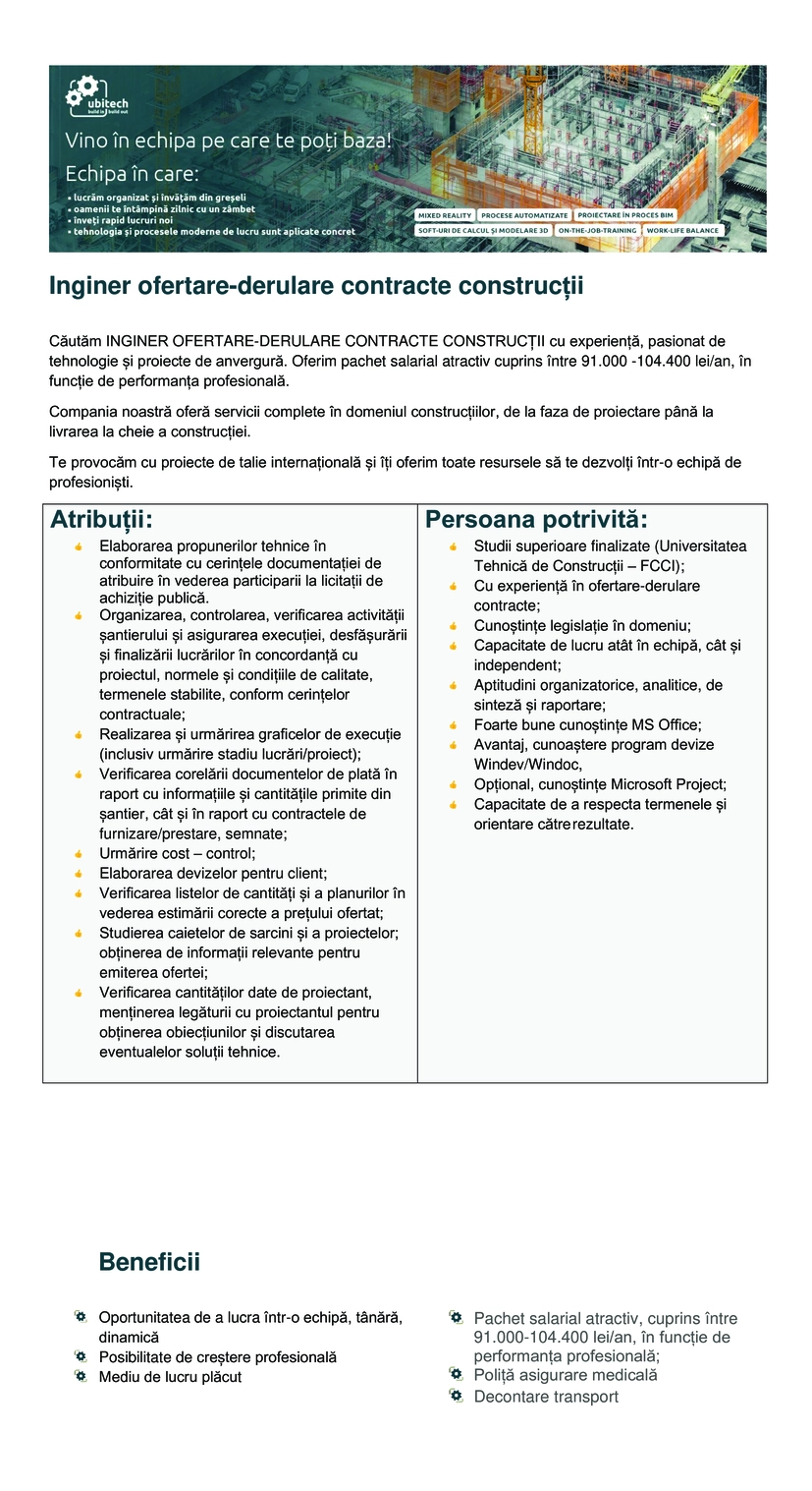 Inginer Ofertare - Derulare contracte Constructii