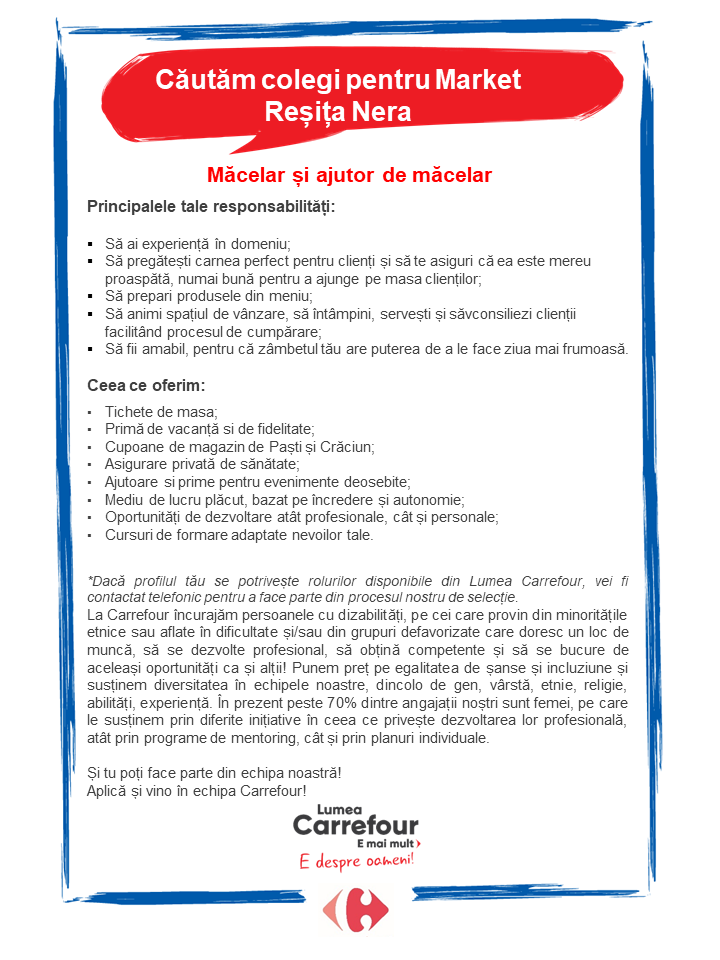 Macelar si ajutor de macelar la Market Resita Nera