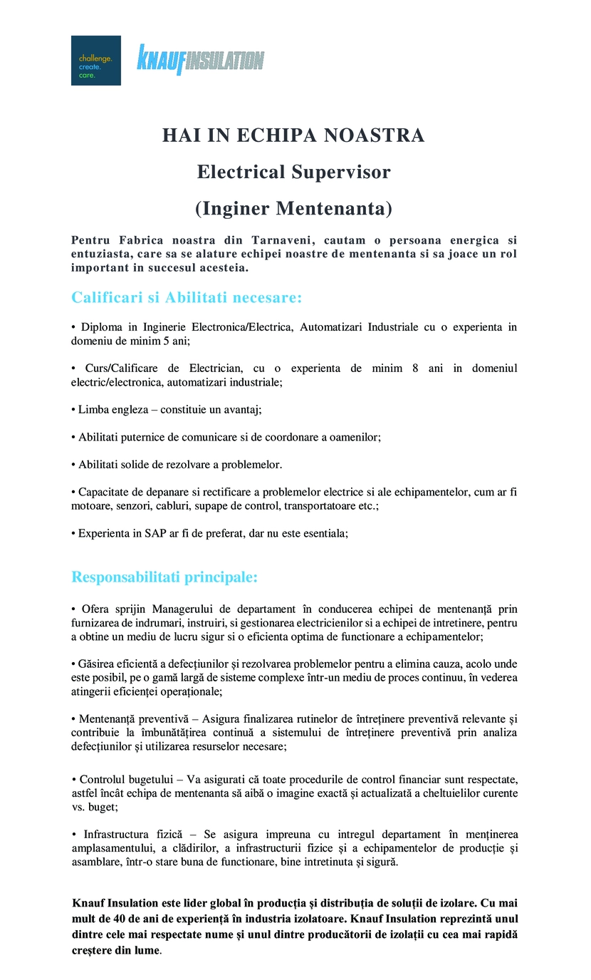 Electrical Supervisor (Inginer Mentenanta) - TARNAVENI