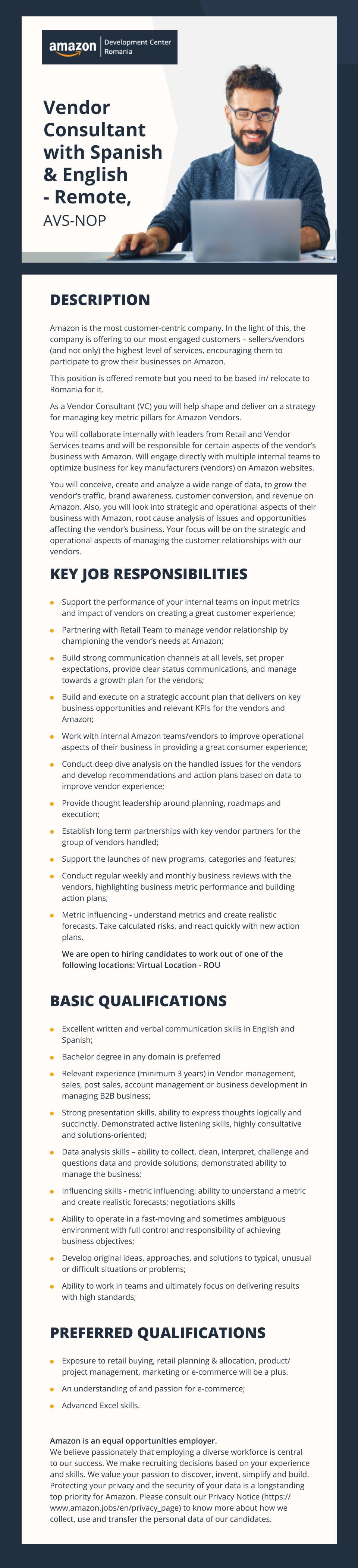 Vendor Consultant with Spanish & English - Remote, AVS-NOP