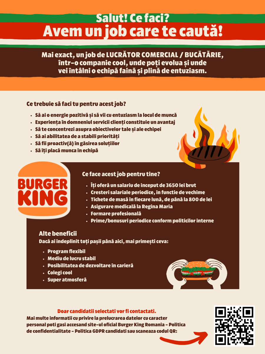 Burger King Universitate angajeaza Lucrator comercial