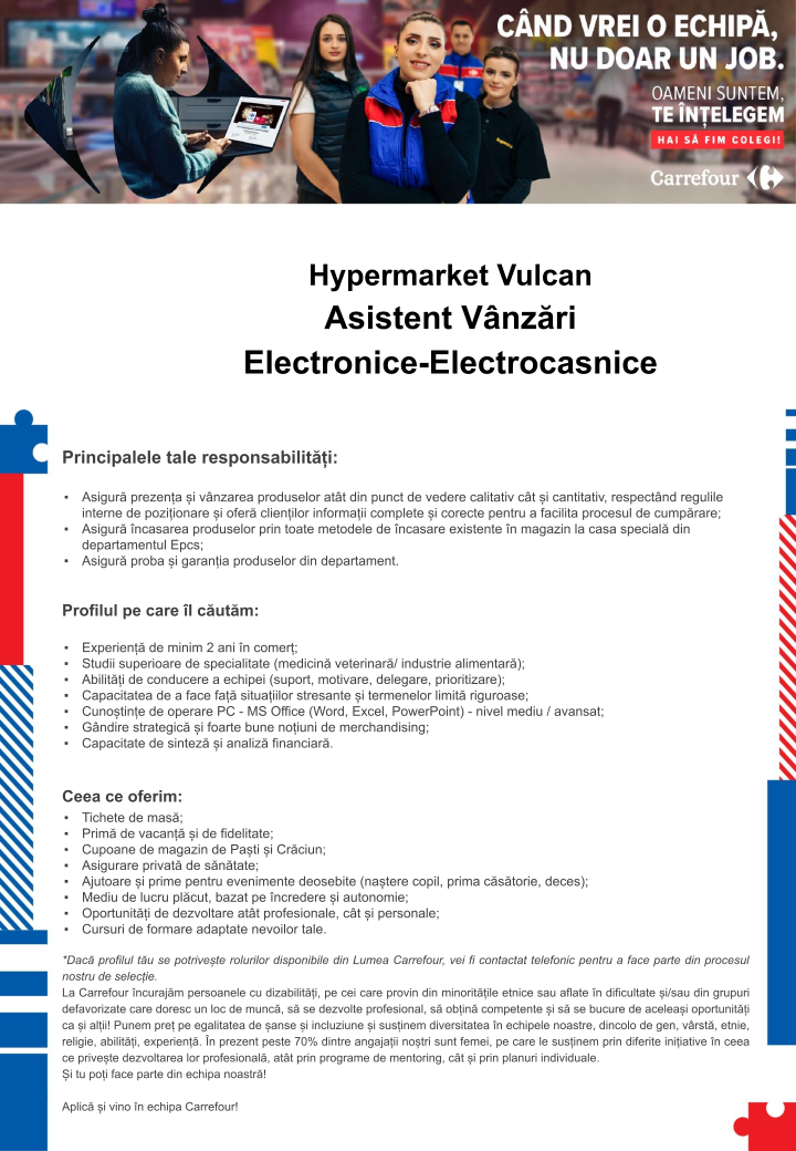 Asistent vanzari Electronice si Electrocasnice-Hiper Vulcan